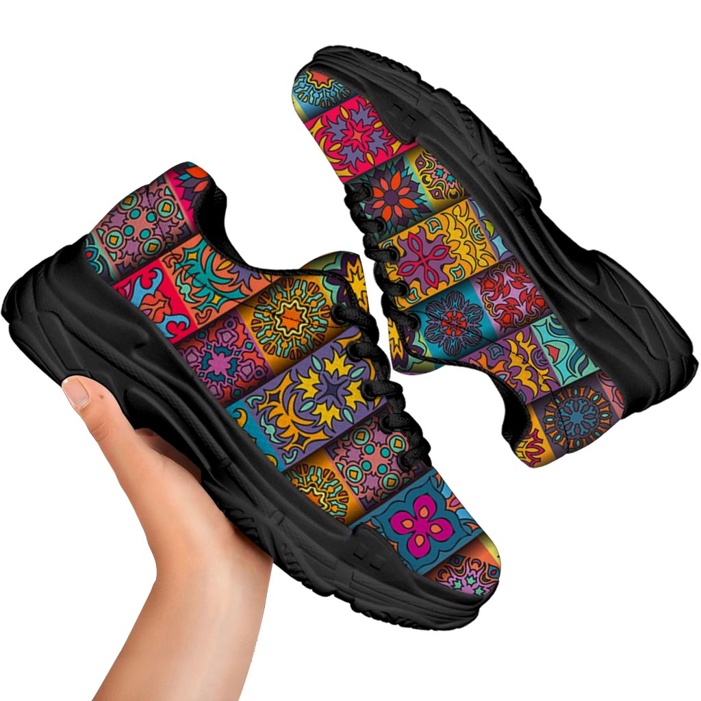 Rectangle Mandala Bohemian Pattern Print Black Chunky Shoes