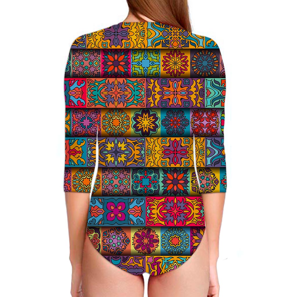 Rectangle Mandala Bohemian Pattern Print Long Sleeve Swimsuit