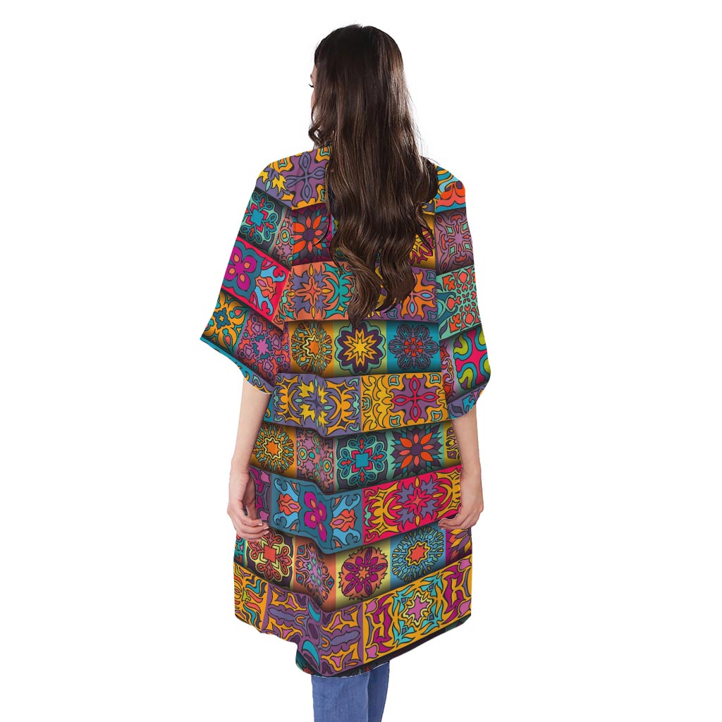 Rectangle Mandala Bohemian Pattern Print Open Front Beach Cover Up