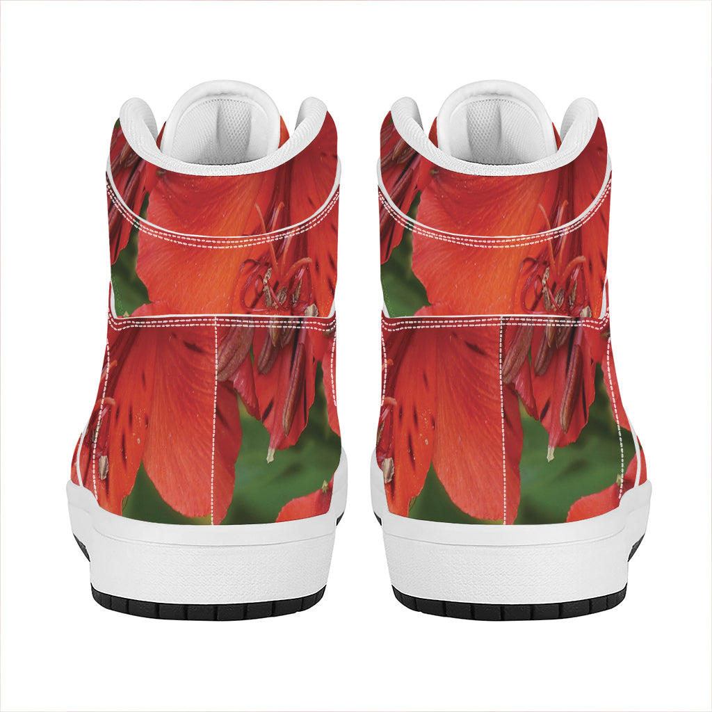 Red Alstroemeria Print High Top Leather Sneakers