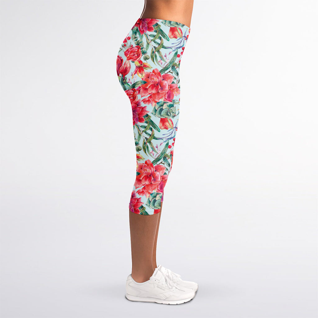 Red Amaryllis Pattern Print Women's Capri Leggings