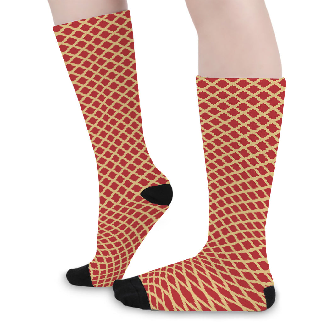 Red And Beige Japanese Pattern Print Long Socks