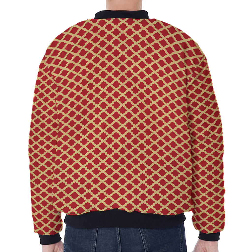 Red And Beige Japanese Pattern Print Zip Sleeve Bomber Jacket