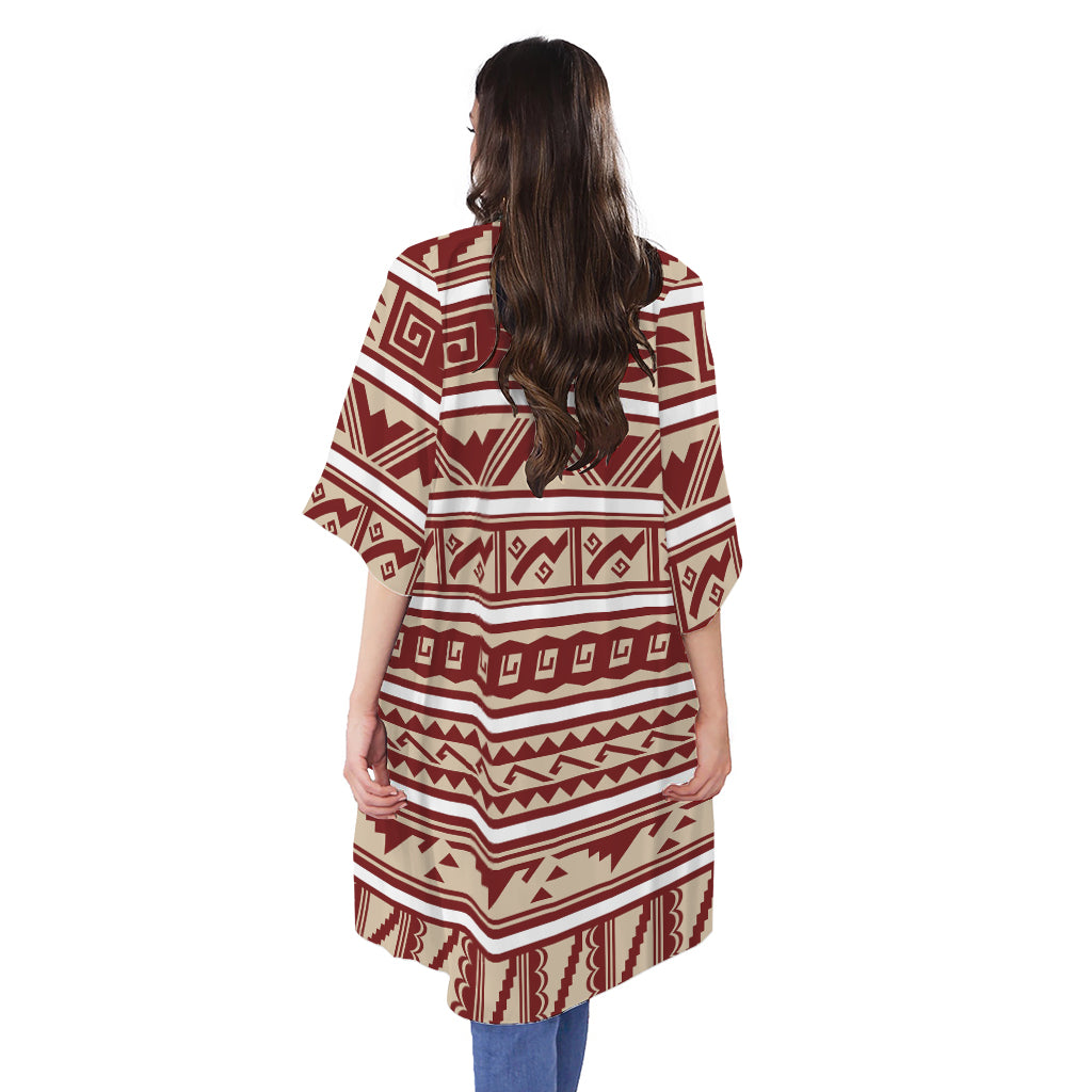 Red And Beige Southwestern Pattern Print Open Front Beach Cover Up