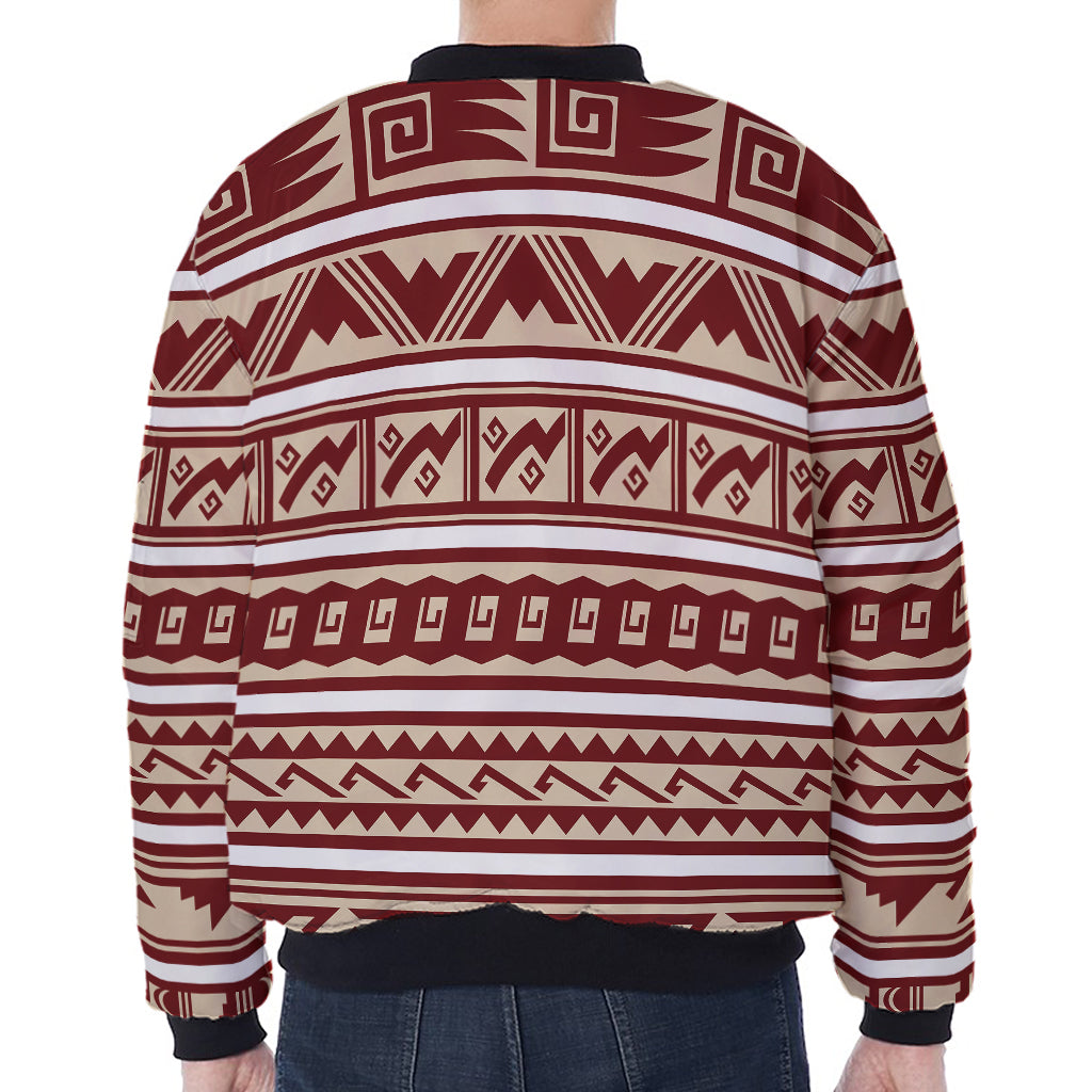 Red And Beige Southwestern Pattern Print Zip Sleeve Bomber Jacket