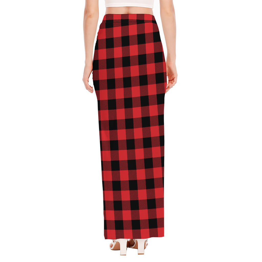Red And Black Buffalo Check Print High Slit Maxi Skirt