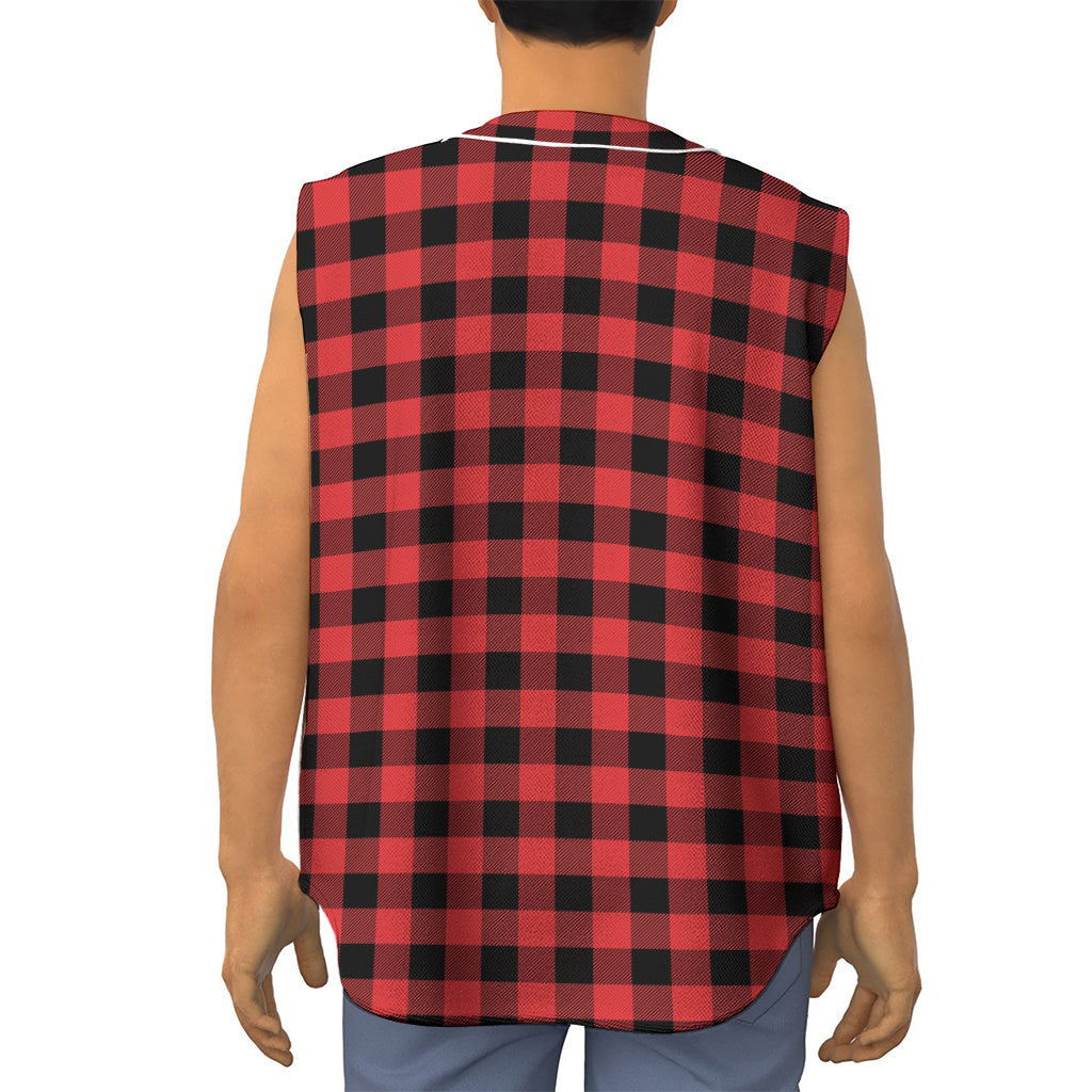 Red And Black Buffalo Plaid Print Sleeveless Baseball Jersey