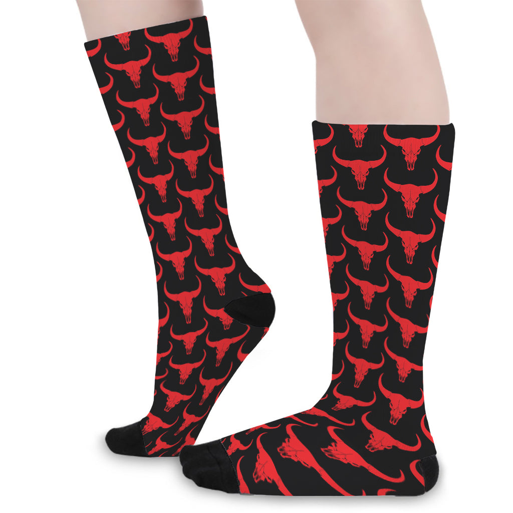 Red And Black Bull Skull Pattern Print Long Socks