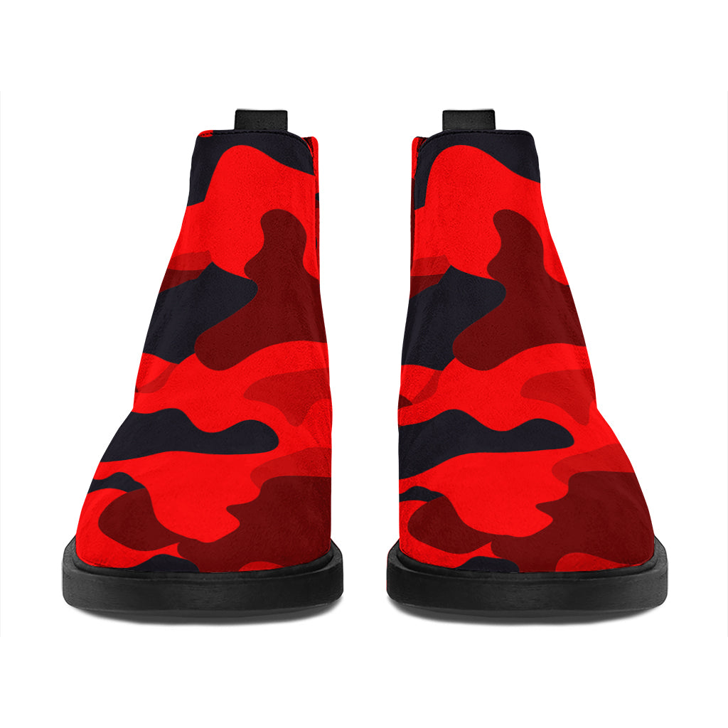 Red And Black Camouflage Print Flat Ankle Boots
