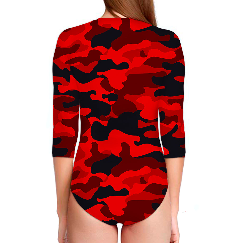 Red And Black Camouflage Print Long Sleeve Swimsuit
