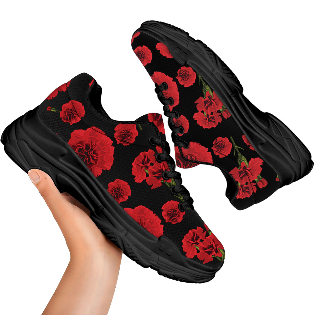Red And Black Carnation Pattern Print Black Chunky Shoes