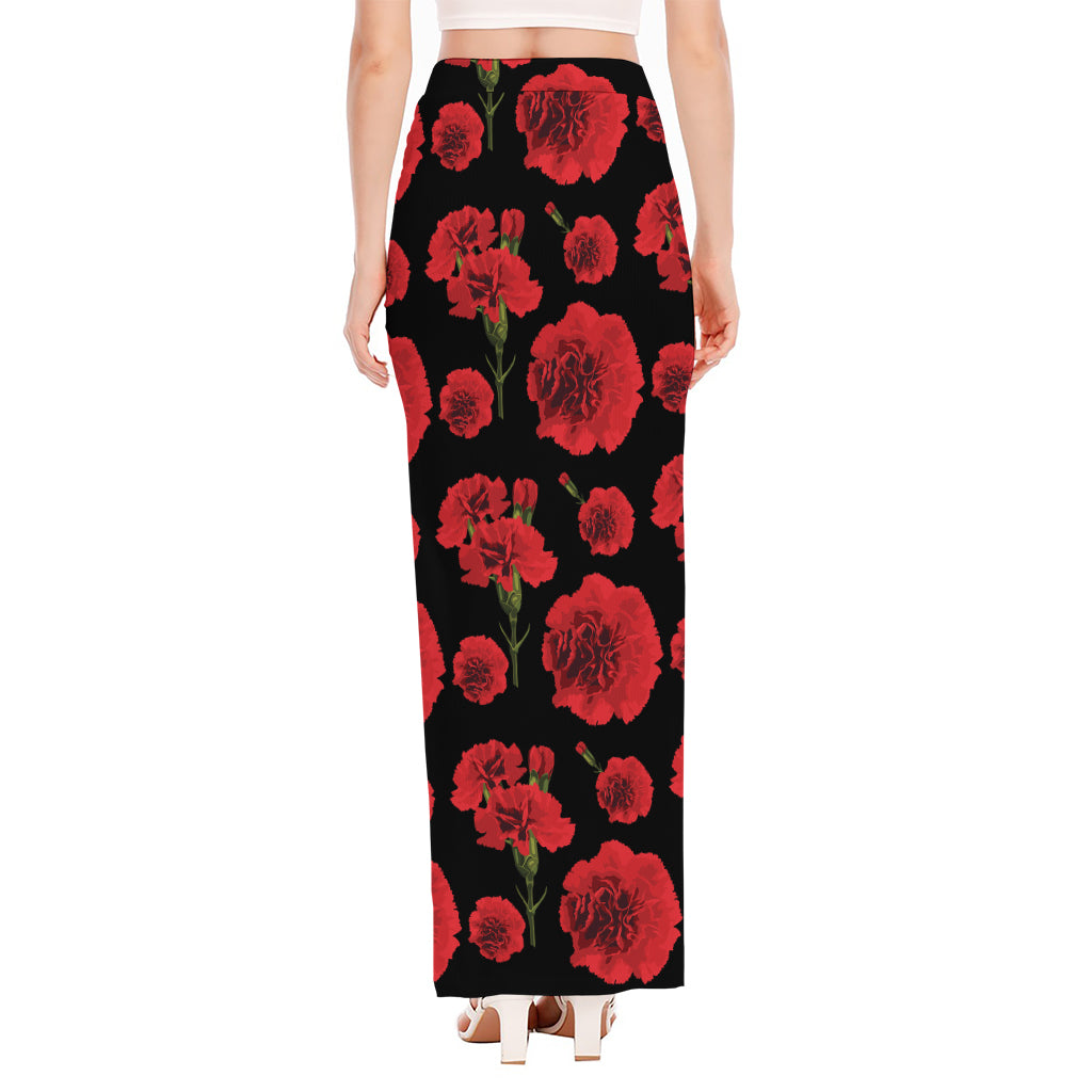 Red And Black Carnation Pattern Print High Slit Maxi Skirt
