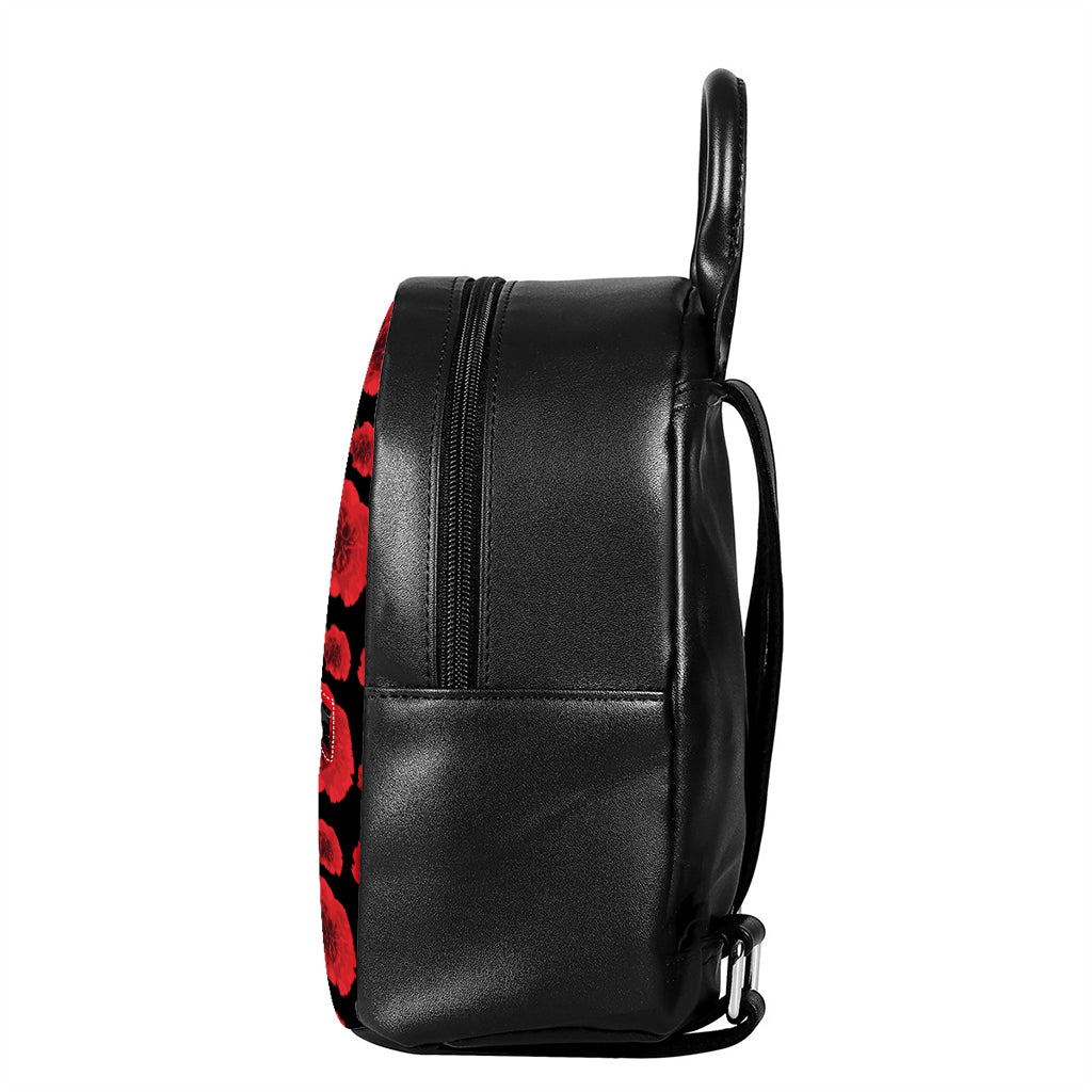 Red And Black Carnation Pattern Print Leather Backpack