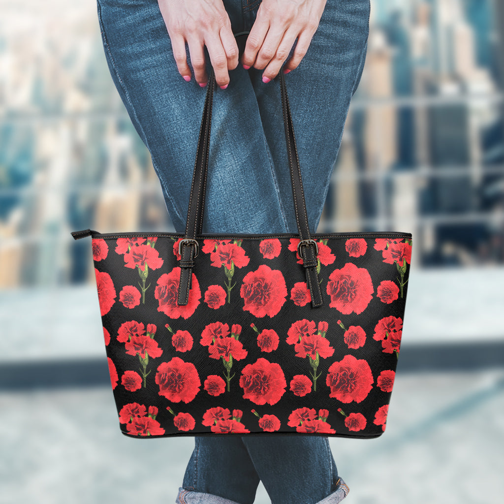 Red And Black Carnation Pattern Print Leather Tote Bag