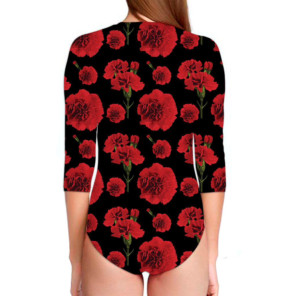 Red And Black Carnation Pattern Print Long Sleeve Swimsuit