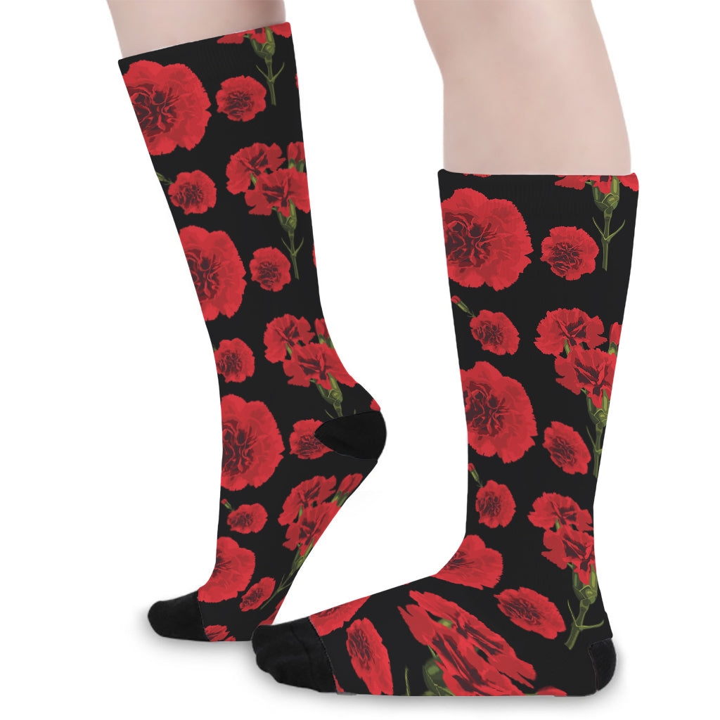 Red And Black Carnation Pattern Print Long Socks