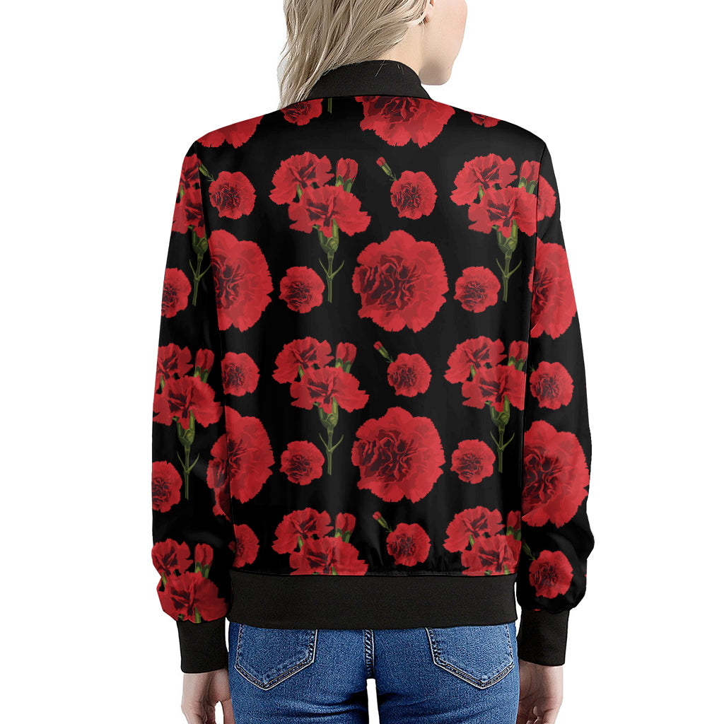 Red And Black Carnation Pattern Print Women's Bomber Jacket