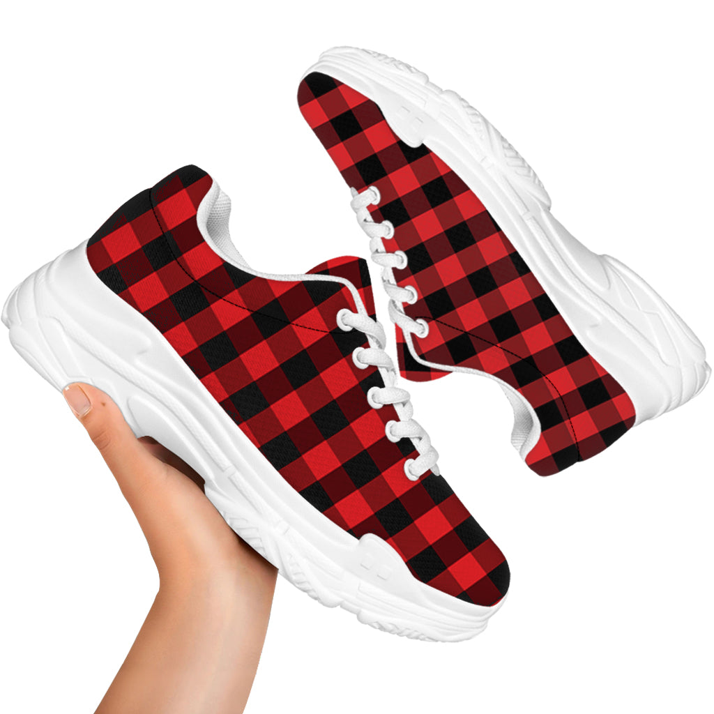 Red And Black Check Pattern Print White Chunky Shoes