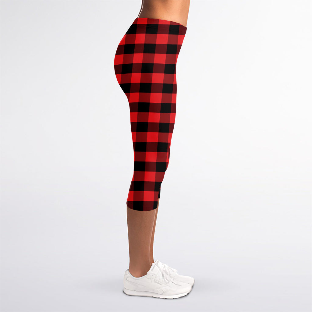 Red And Black Check Pattern Print Women's Capri Leggings