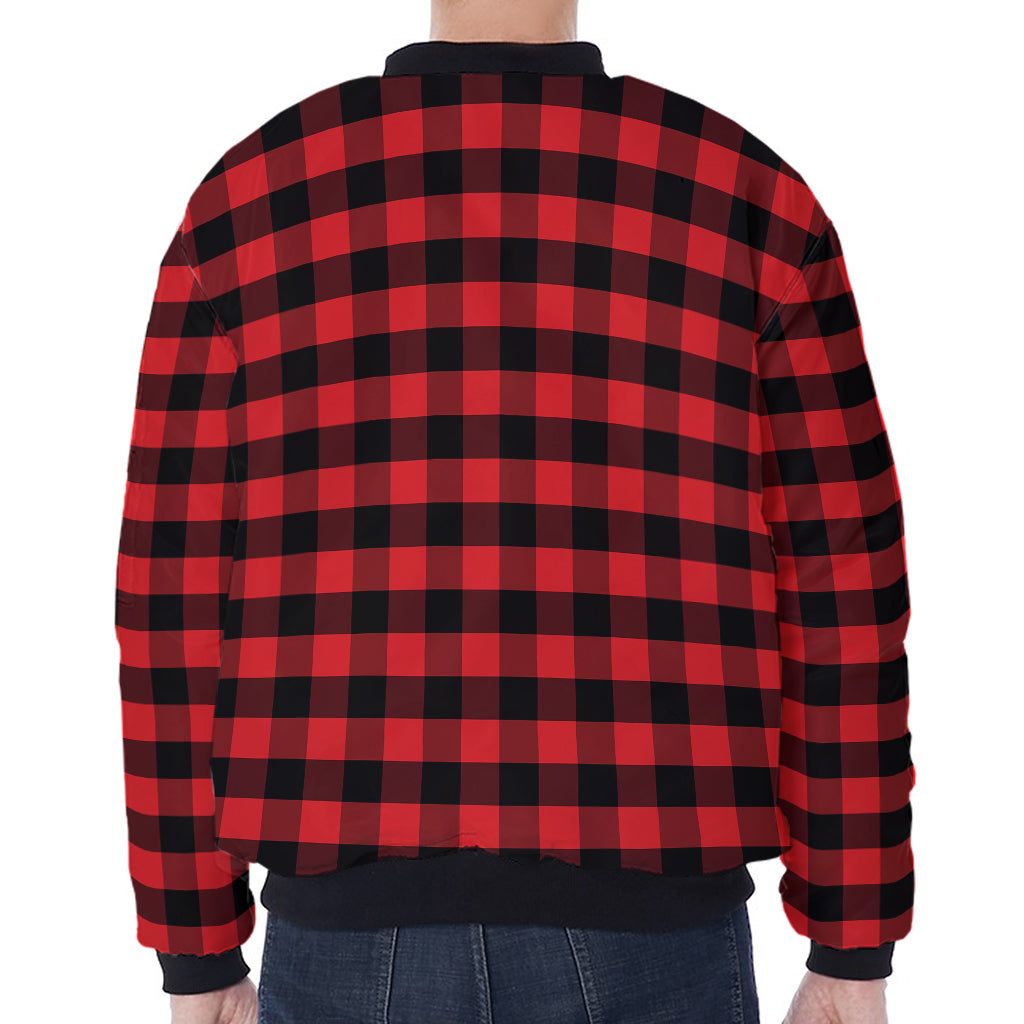 Red And Black Check Pattern Print Zip Sleeve Bomber Jacket