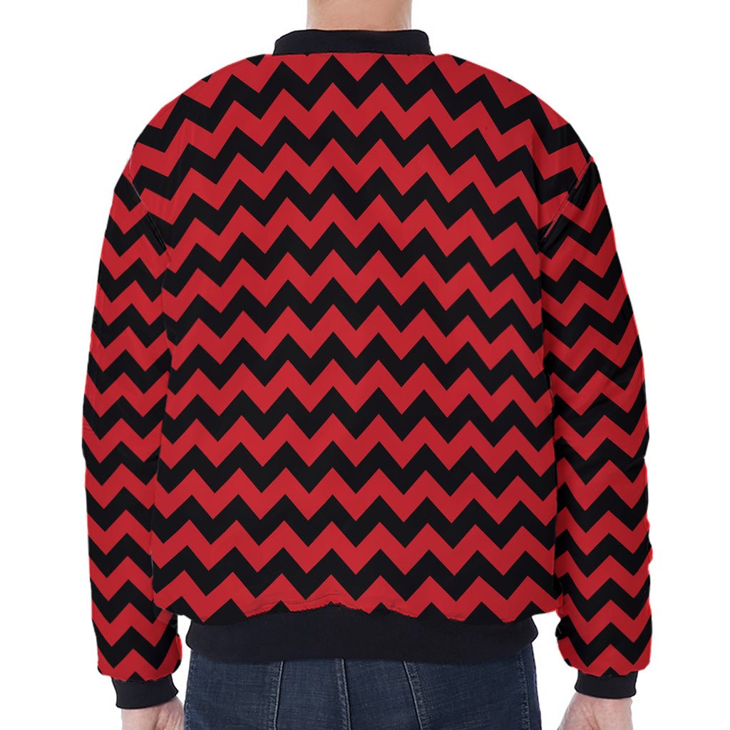Red And Black Chevron Pattern Print Zip Sleeve Bomber Jacket