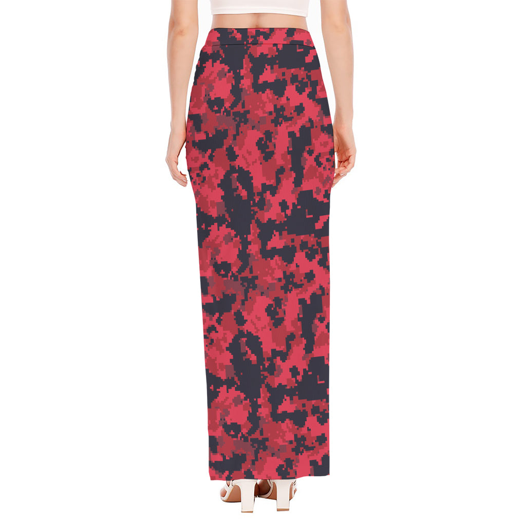 Red And Black Digital Camo Pattern Print High Slit Maxi Skirt