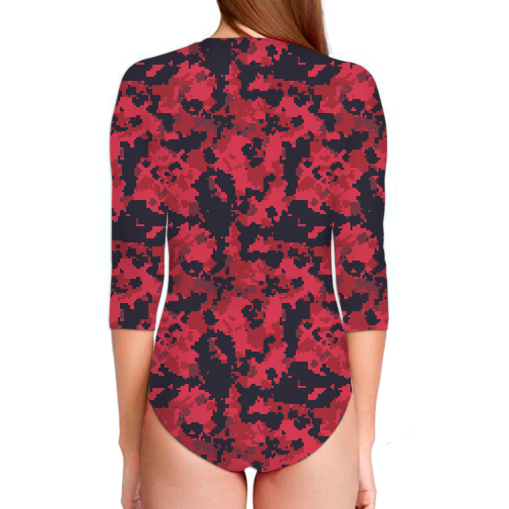 Red And Black Digital Camo Pattern Print Long Sleeve Swimsuit