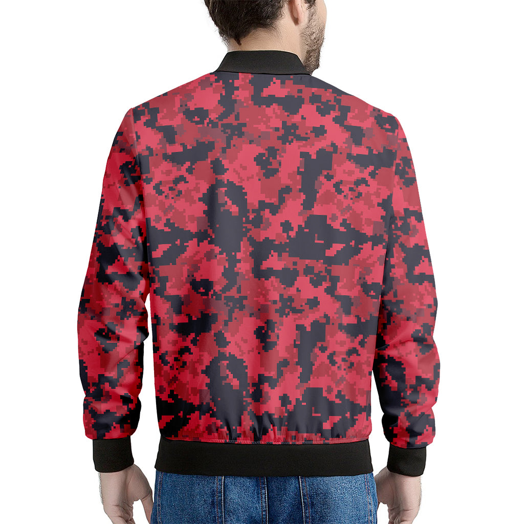 Red And Black Digital Camo Pattern Print Men's Bomber Jacket