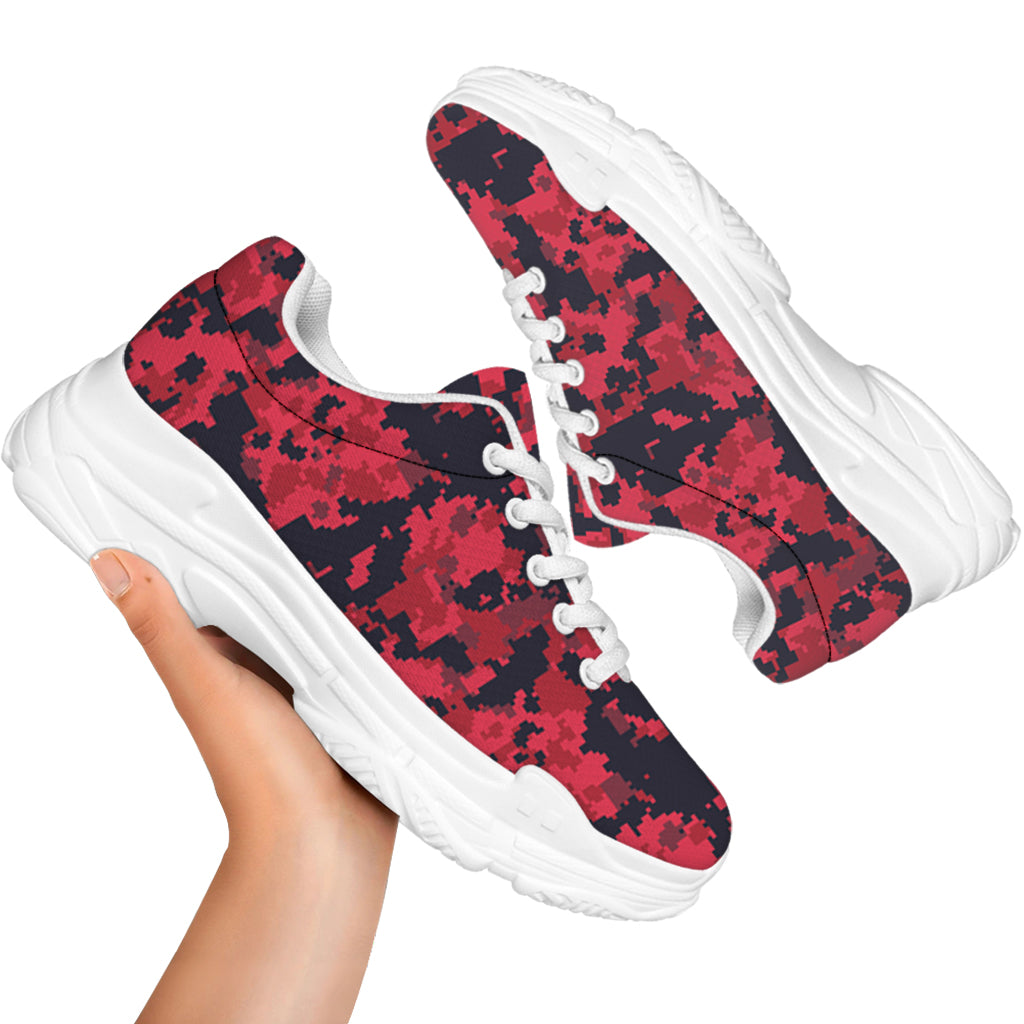 Red And Black Digital Camo Pattern Print White Chunky Shoes