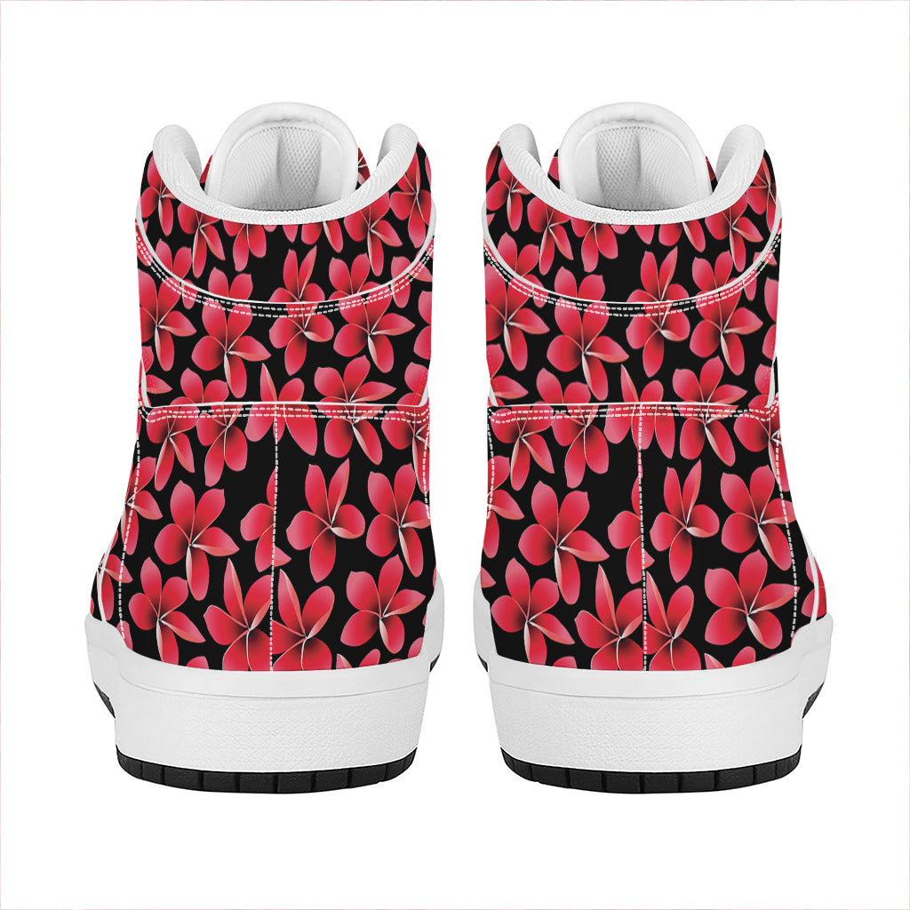 Red And Black Frangipani Pattern Print High Top Leather Sneakers