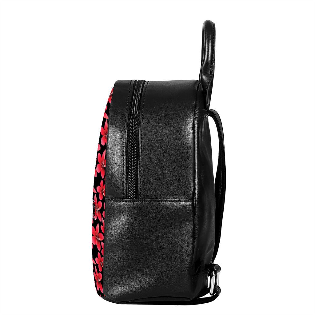 Red And Black Frangipani Pattern Print Leather Backpack