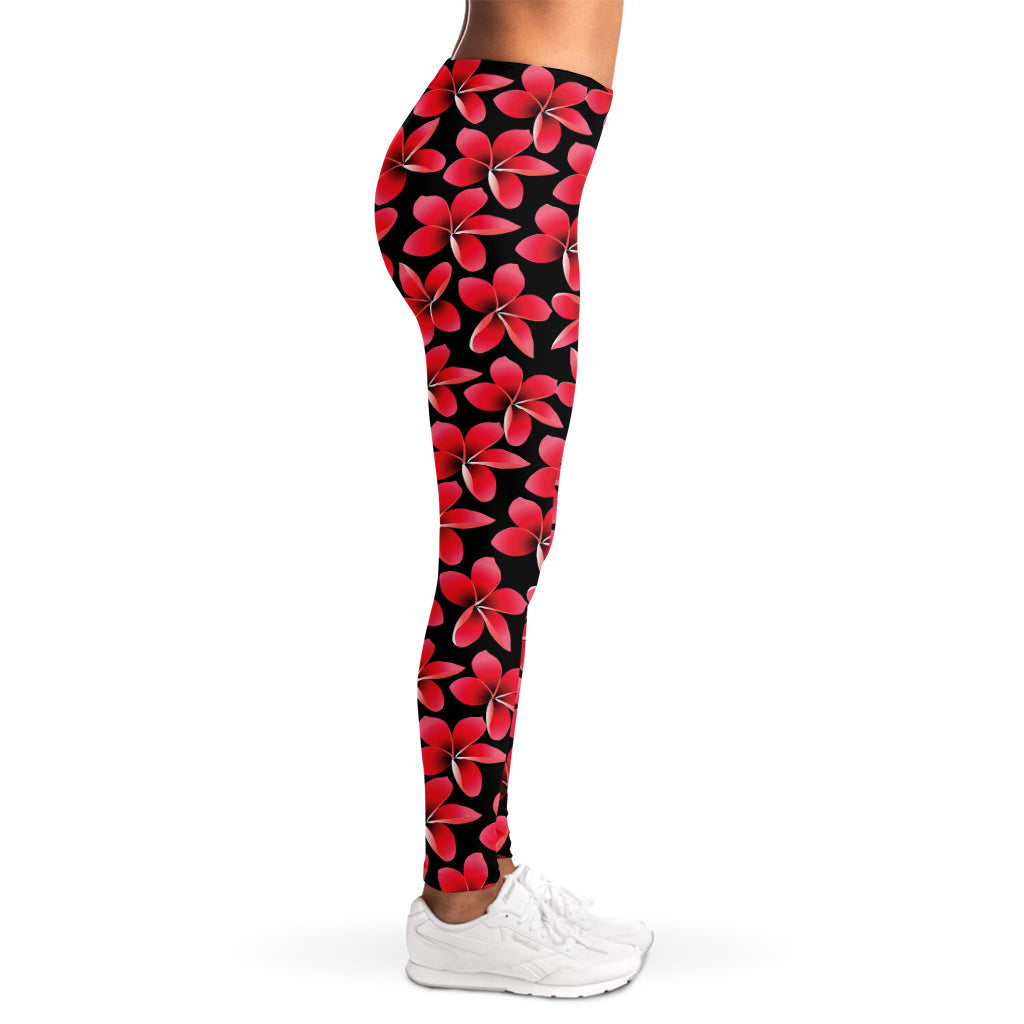 Red And Black Frangipani Pattern Print Women's Leggings