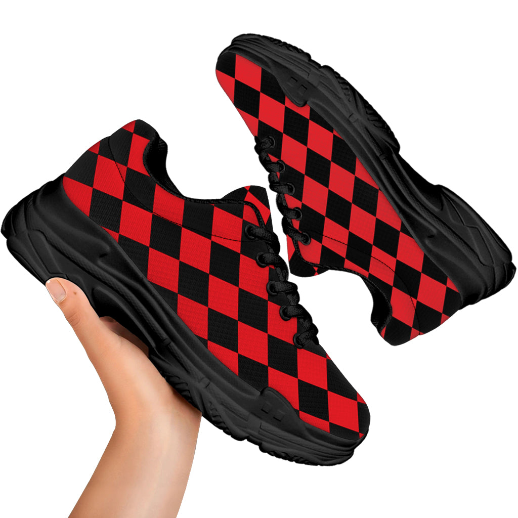 Red And Black Harlequin Pattern Print Black Chunky Shoes