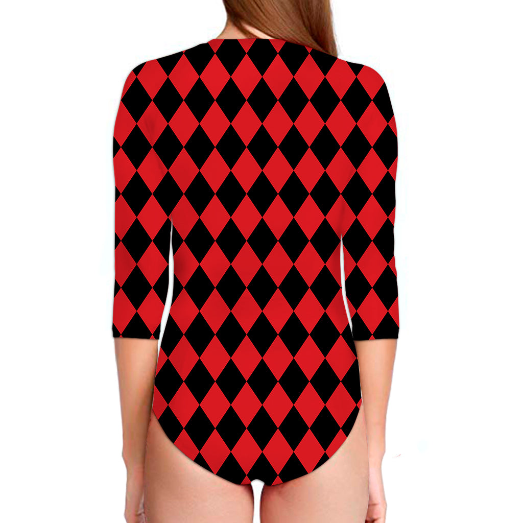 Red And Black Harlequin Pattern Print Long Sleeve Swimsuit