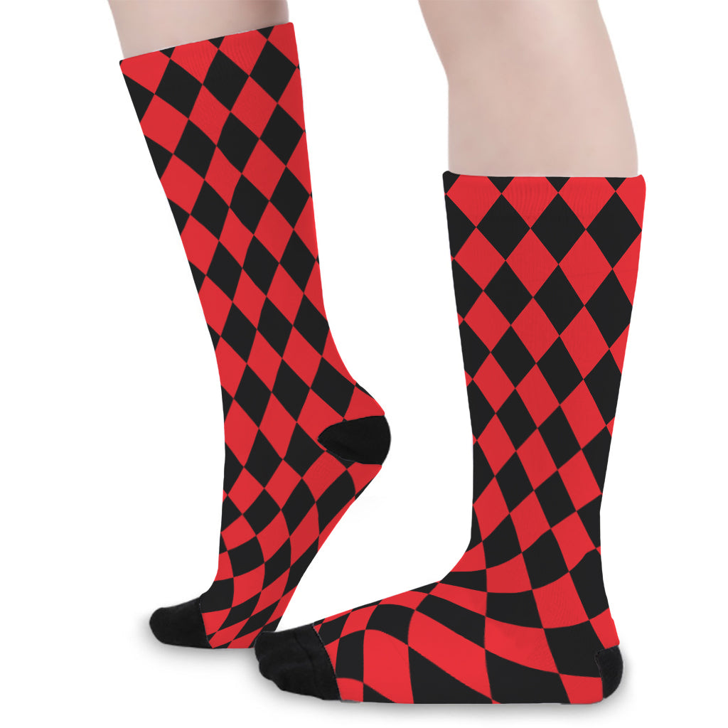 Red And Black Harlequin Pattern Print Long Socks