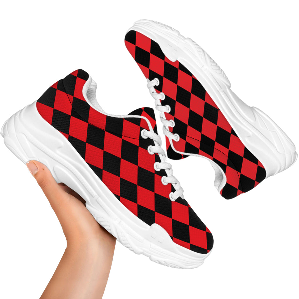 Red And Black Harlequin Pattern Print White Chunky Shoes