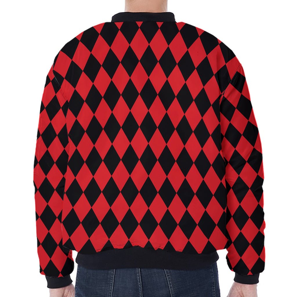 Red And Black Harlequin Pattern Print Zip Sleeve Bomber Jacket