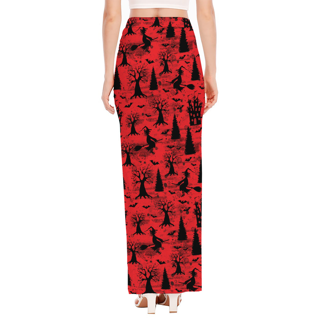Red And Black Horror Witch Pattern Print High Slit Maxi Skirt