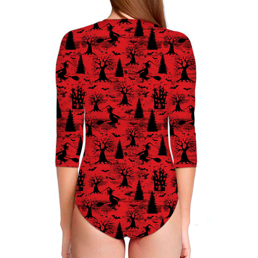 Red And Black Horror Witch Pattern Print Long Sleeve Swimsuit