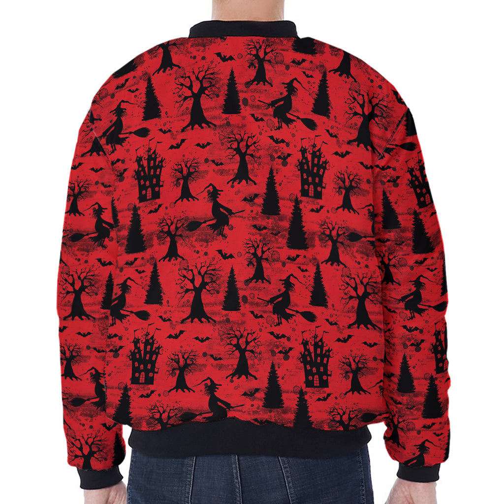Red And Black Horror Witch Pattern Print Zip Sleeve Bomber Jacket