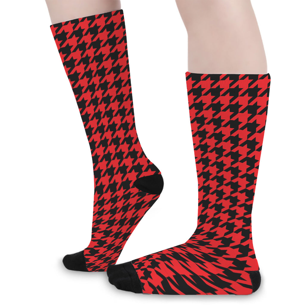 Red And Black Houndstooth Pattern Print Long Socks