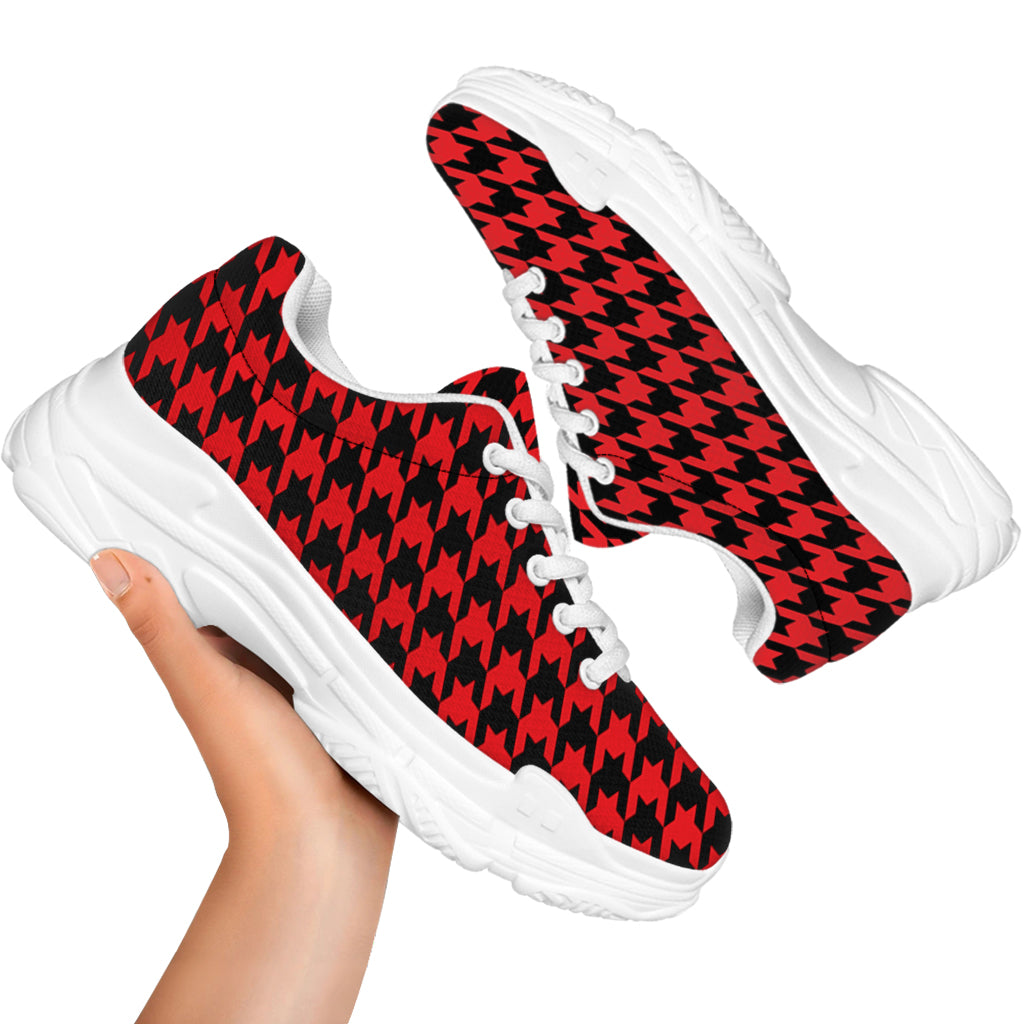 Red And Black Houndstooth Pattern Print White Chunky Shoes