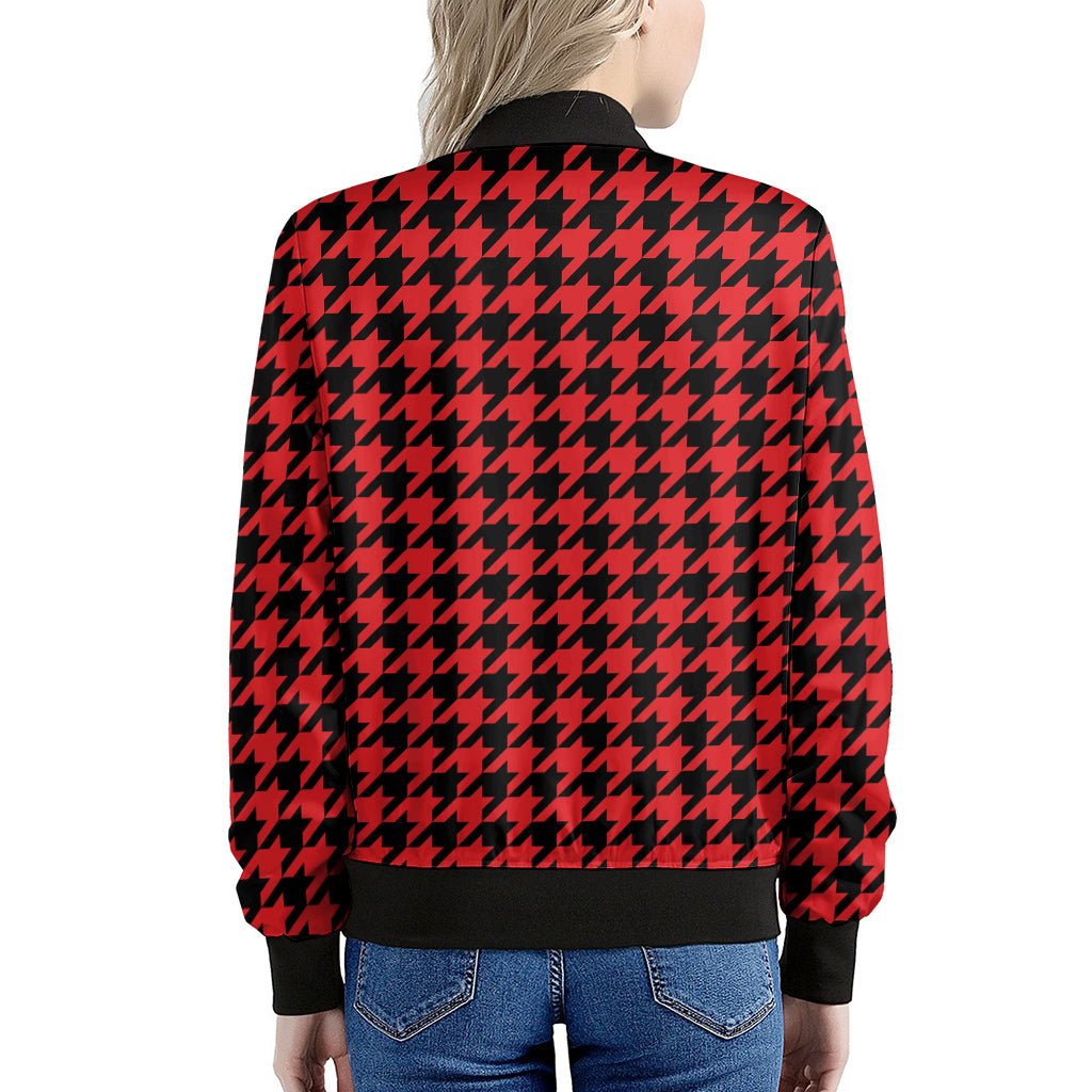 Red And Black Houndstooth Pattern Print Women's Bomber Jacket