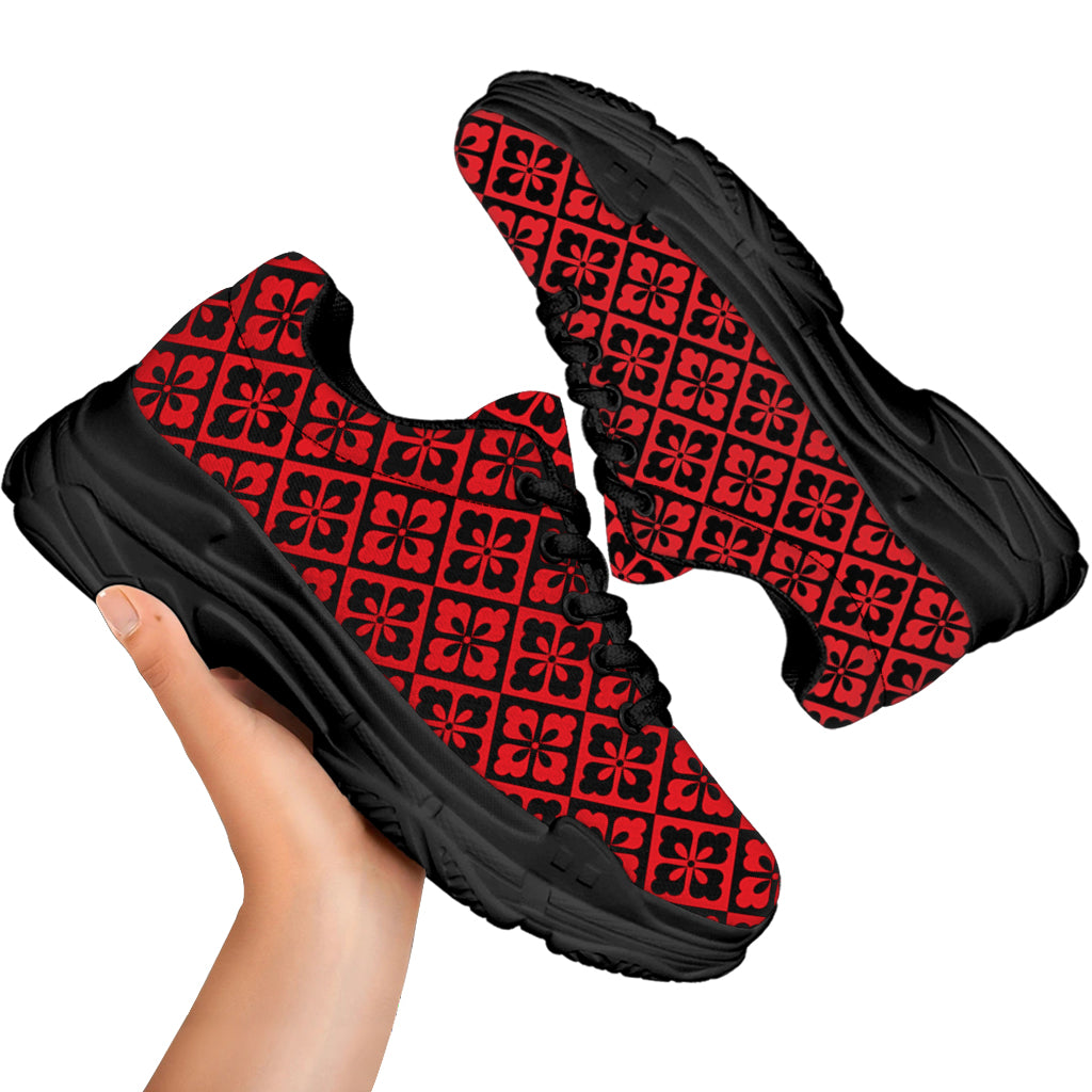 Red And Black Japanese Pattern Print Black Chunky Shoes