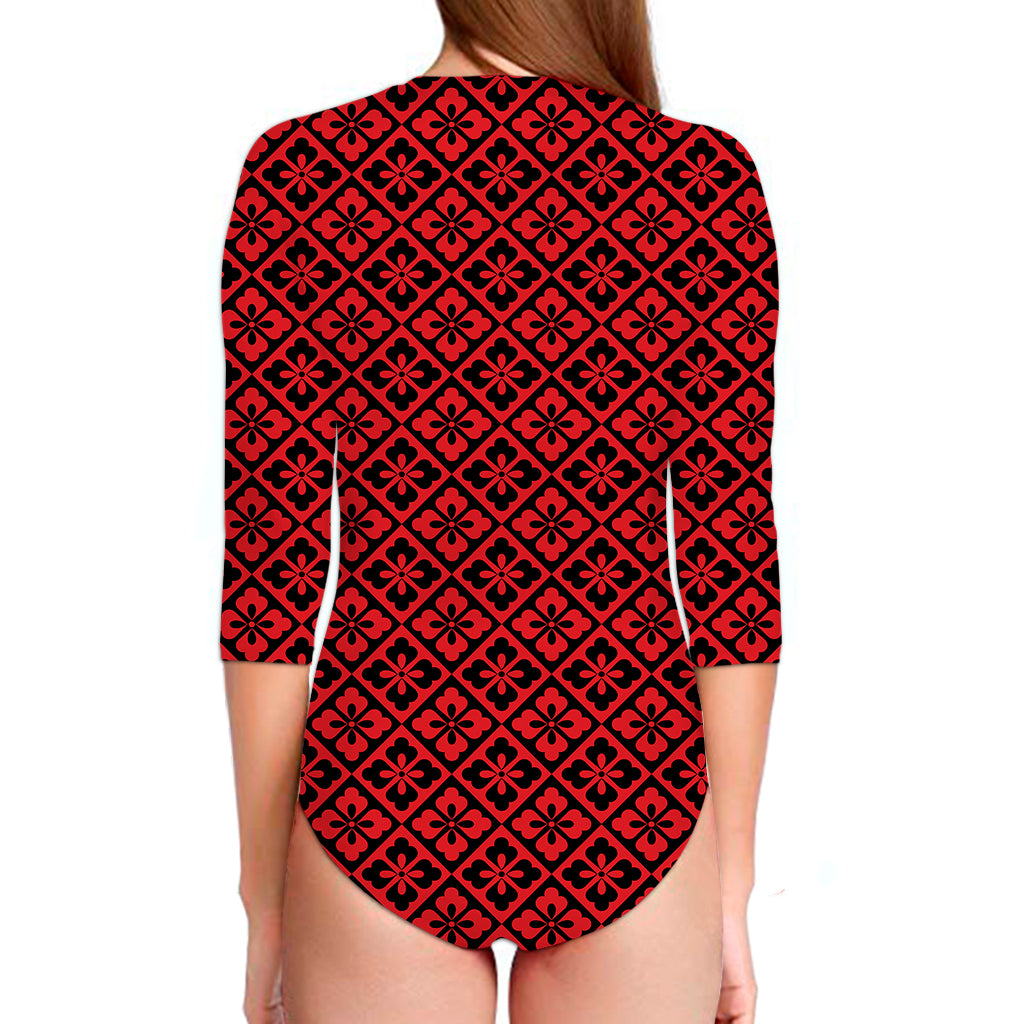 Red And Black Japanese Pattern Print Long Sleeve Swimsuit