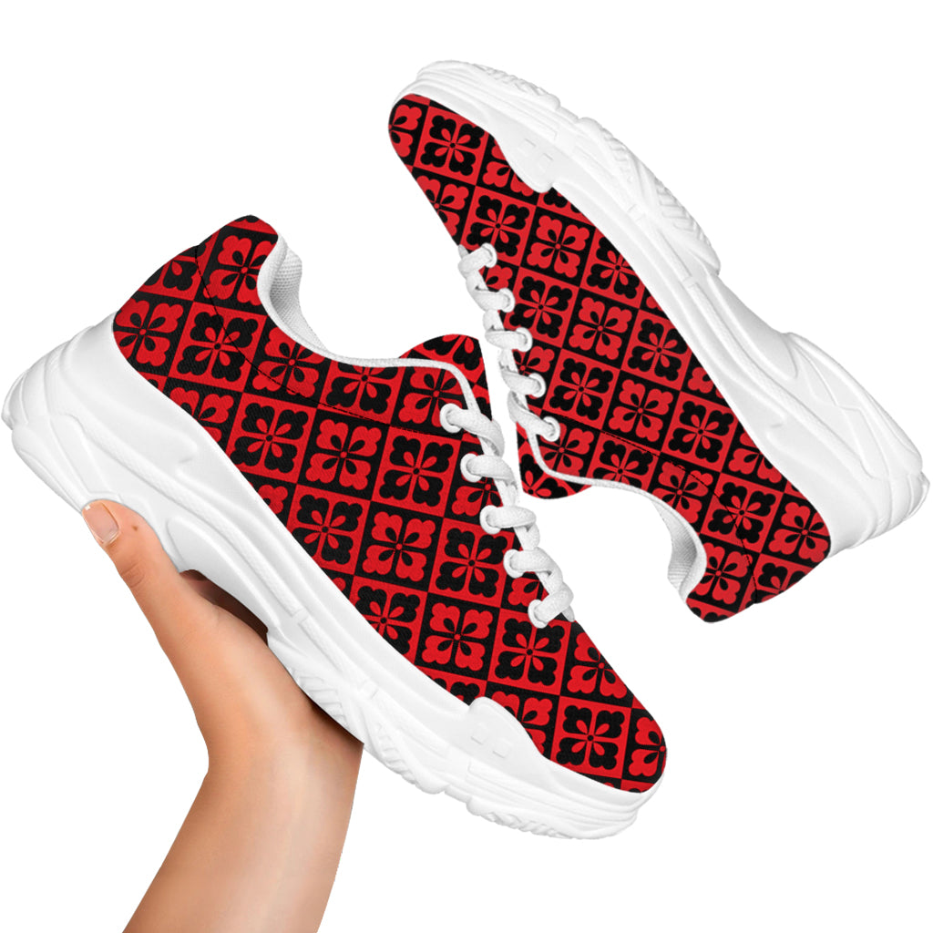 Red And Black Japanese Pattern Print White Chunky Shoes