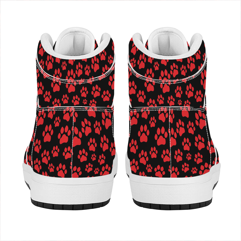 Red And Black Paw Pattern Print High Top Leather Sneakers