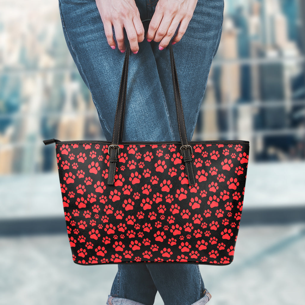 Red And Black Paw Pattern Print Leather Tote Bag