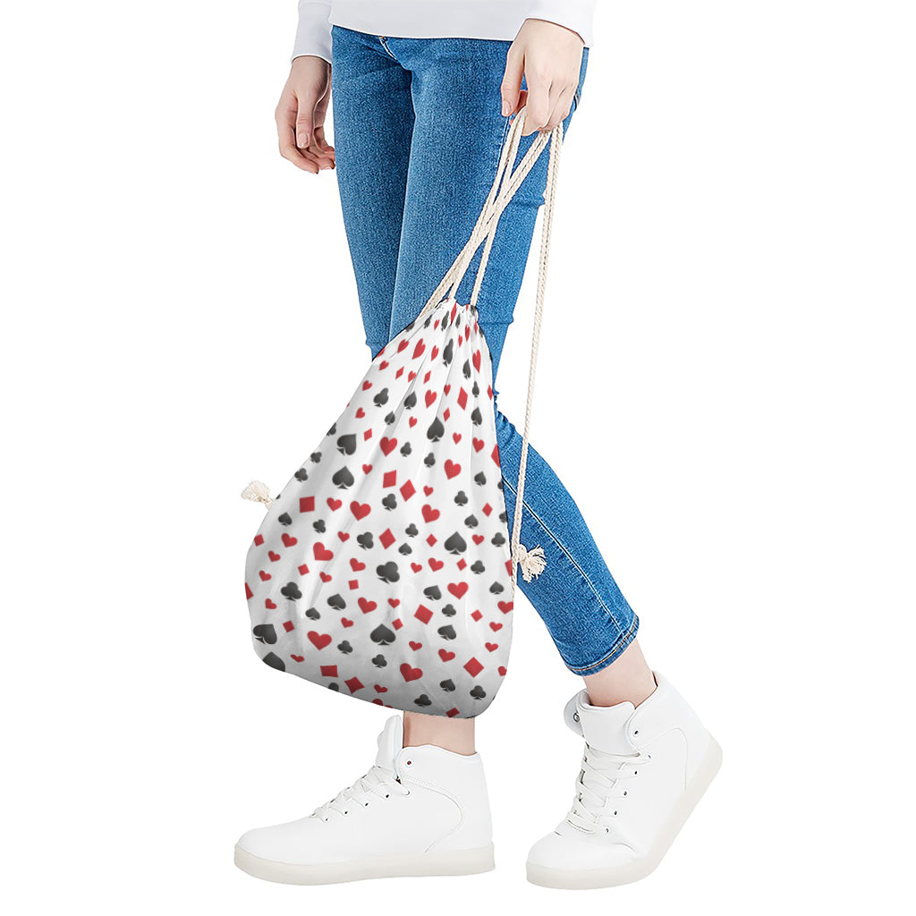 Red And Black Playing Card Suits Print Drawstring Bag