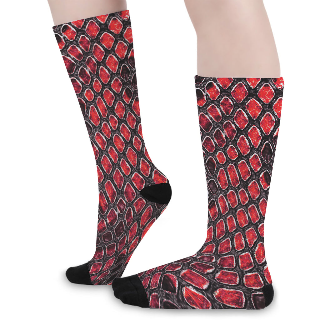 Red And Black Snakeskin Print Long Socks